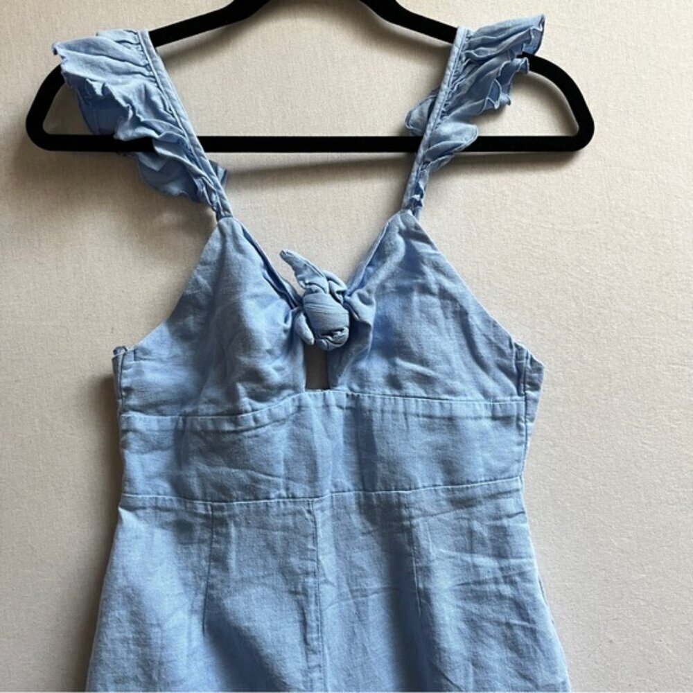 Zara Linen Blend Baby Blue Tie Front Cropped Pants Jumpsuit XS - Picture 8 of 14